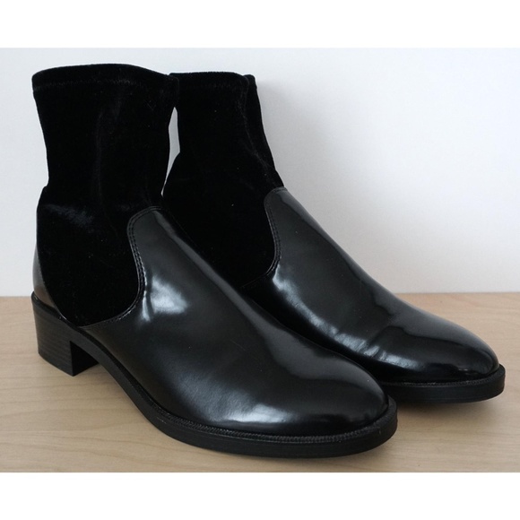 ZARA Stretch Velvet Black Faux Leather Boots Sz 38 - Picture 3 of 8